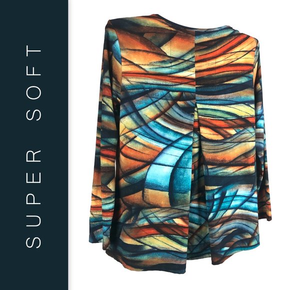 Colorful Abstract jewel tones long sleeve pleated back top super soft v neck L - Picture 4 of 4
